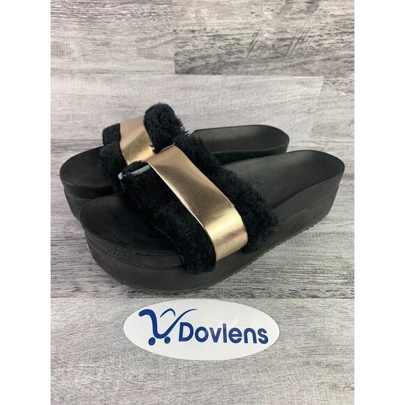 Schutz Womens Black & Gold Faux Fur Platform Slide Sandals Size 9.5B - Picture 1 of 5
